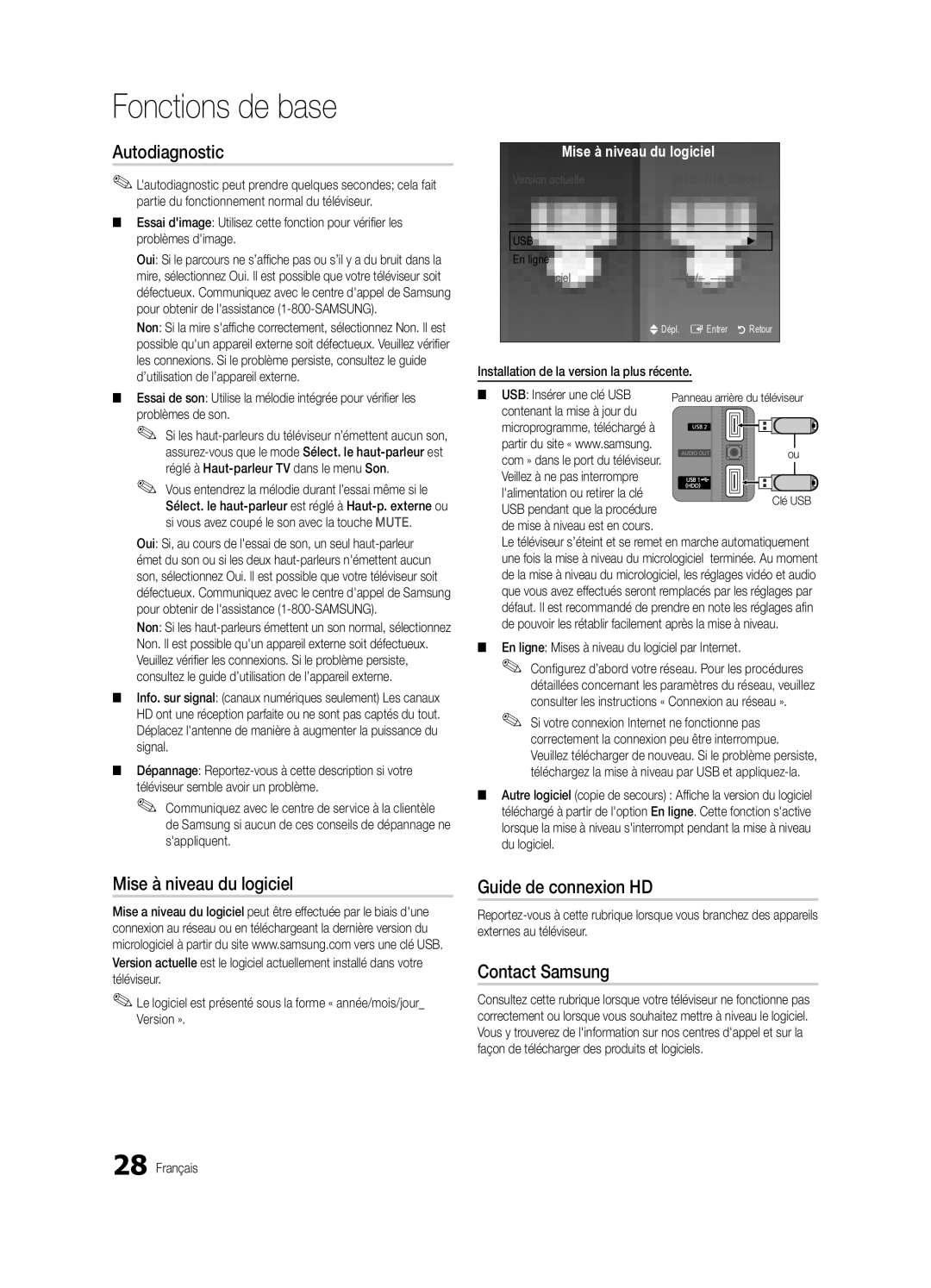 Samsung BN68-02586A-04, PN63C8000, PN58C8000, PN50C8000 Autodiagnostic, Mise à niveau du logiciel, Guide de connexion HD 