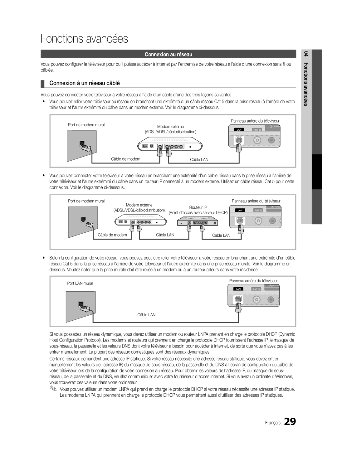 Samsung PN63C8000 Fonctions avancées, Connexion à un réseau câblé, Connexion au réseau, Câble de modem Câble LAN 