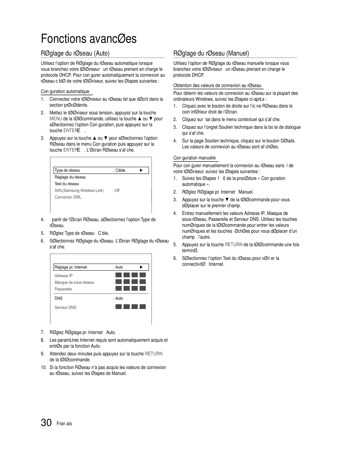 Samsung PN58C8000, BN68-02586A-04, PN63C8000, PN50C8000, Series P8+ Réglage du réseau Auto, Réglage du réseau Manuel, Réseau 