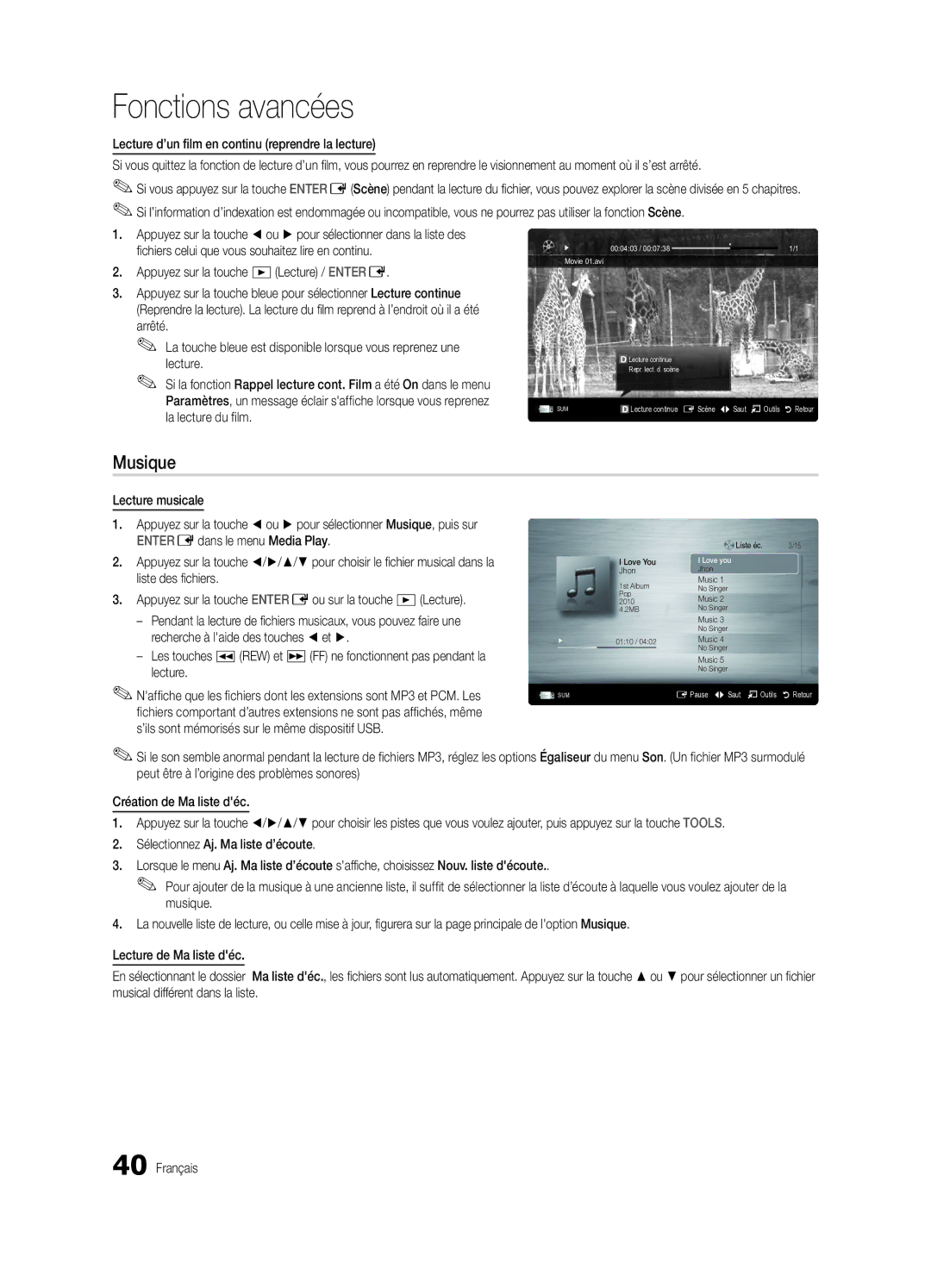 Samsung PN58C8000, BN68-02586A-04, PN63C8000, PN50C8000, Series P8+ user manual Musique, Appuyez sur la touche Lecture / Entere 