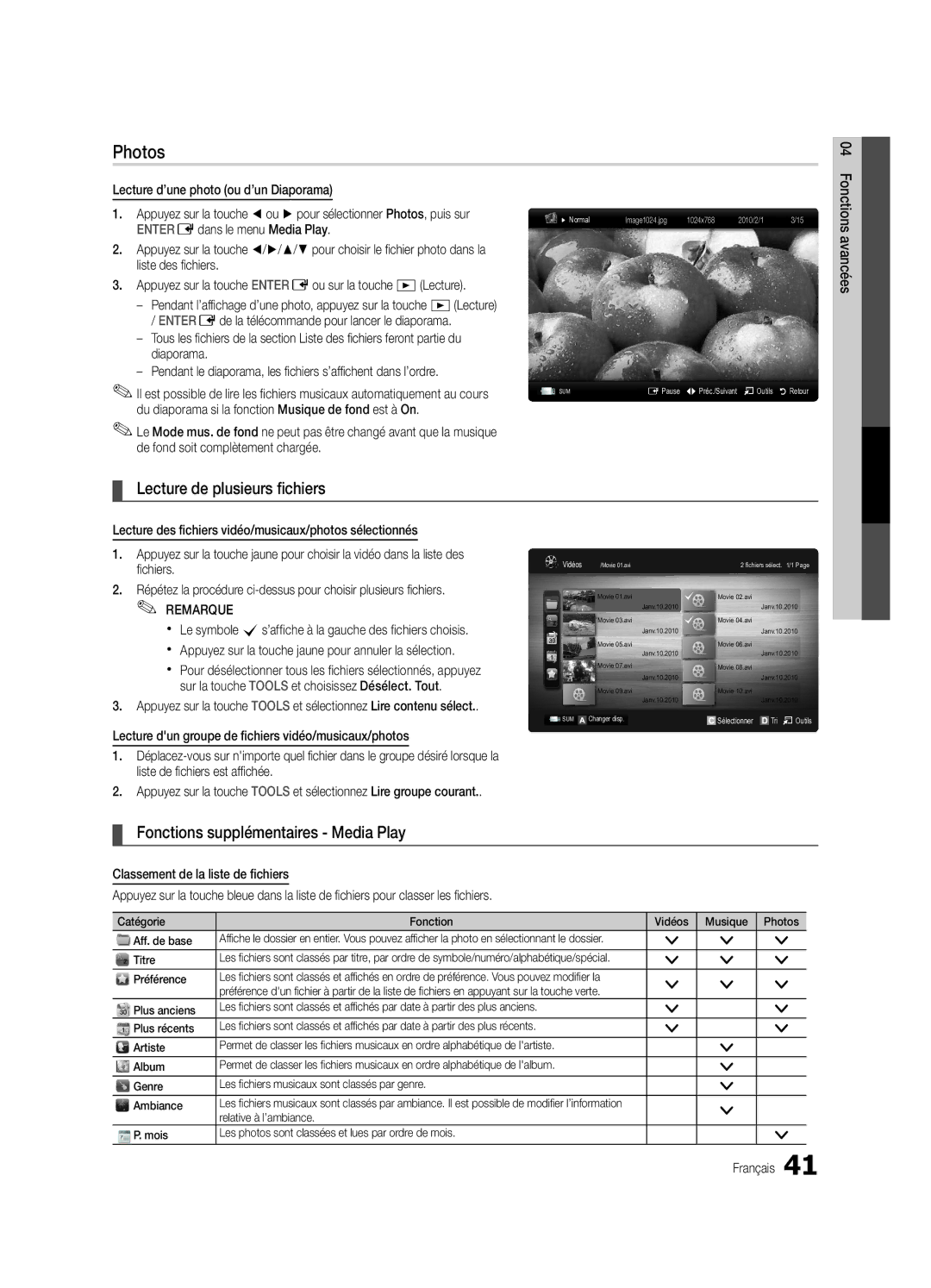 Samsung PN50C8000, BN68-02586A-04 Lecture de plusieurs fichiers, Fonctions supplémentaires Media Play, Titre, Préférence 