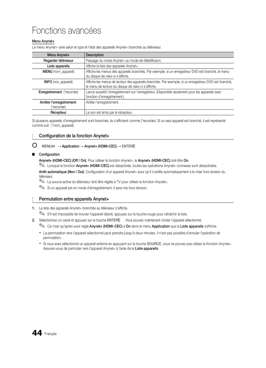 Samsung PN63C8000, BN68-02586A-04, PN58C8000 Configuration de la fonction Anynet+, Permutation entre appareils Anynet+ 