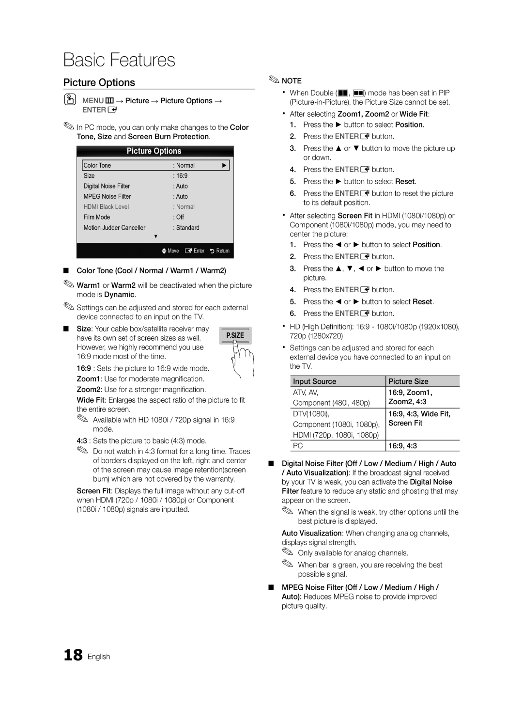 Samsung PN50C8000, BN68-02586A-04, PN63C8000, PN58C8000, Series P8+ user manual Picture Options 