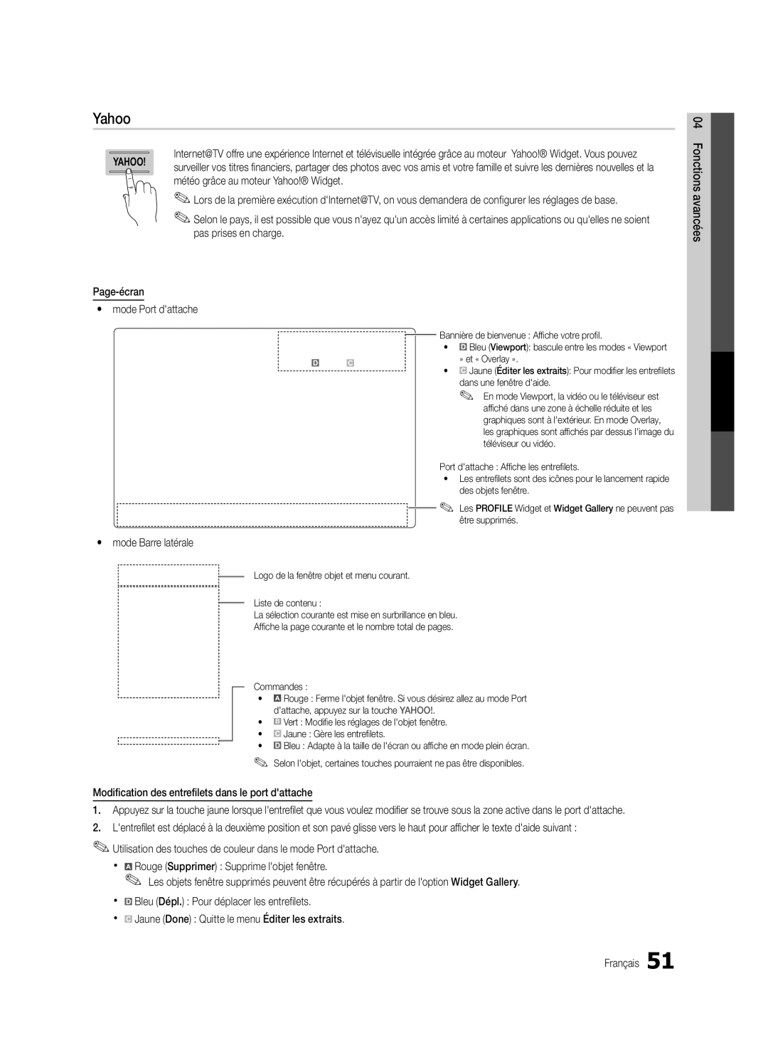 Samsung PN50C8000, PN63C8000 Mode Port dattache, Mode Barre latérale, Modification des entrefilets dans le port dattache 