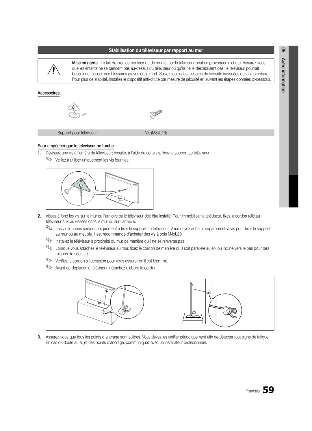 Samsung PN63C8000, BN68-02586A-04 Stabilisation du téléviseur par rapport au mur, Accessoires, Support pour téléviseur 