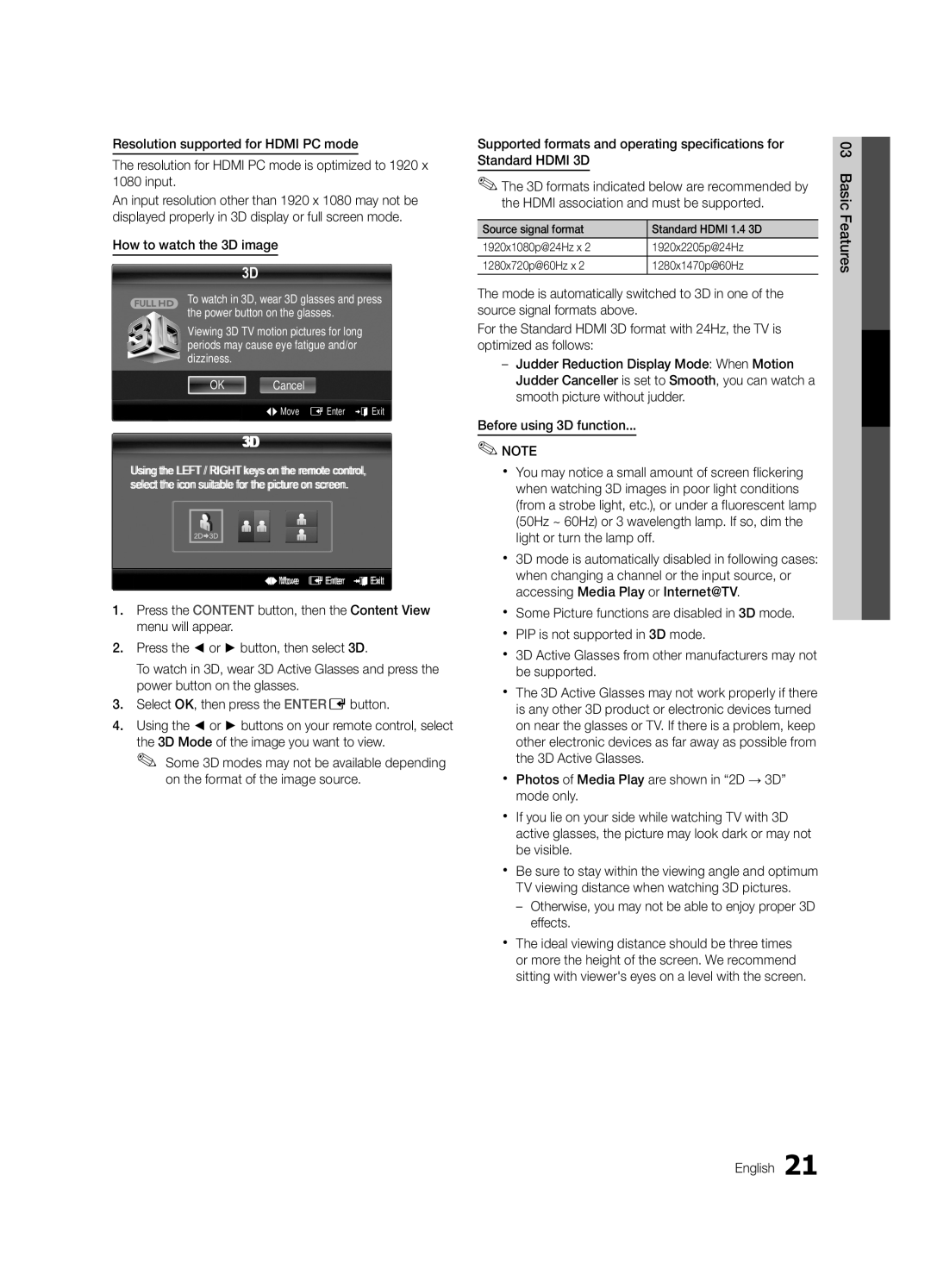 Samsung PN63C8000, BN68-02586A-04 How to watch the 3D image, Otherwise, you may not be able to enjoy proper 3D effects 