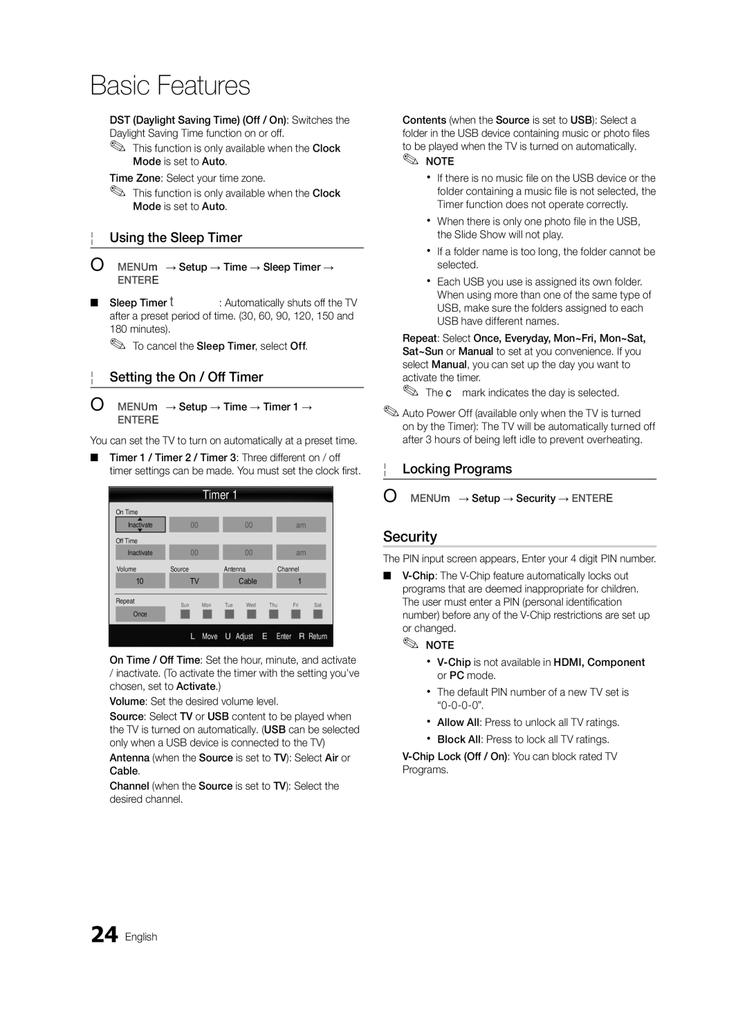 Samsung Series P8+, BN68-02586A-04, PN63C8000 Security, Using the Sleep Timer, Setting the On / Off Timer, Locking Programs 