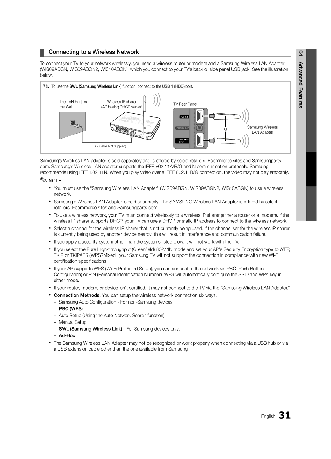 Samsung PN63C8000, BN68-02586A-04, PN58C8000, PN50C8000, Series P8+ user manual Connecting to a Wireless Network, Wall 