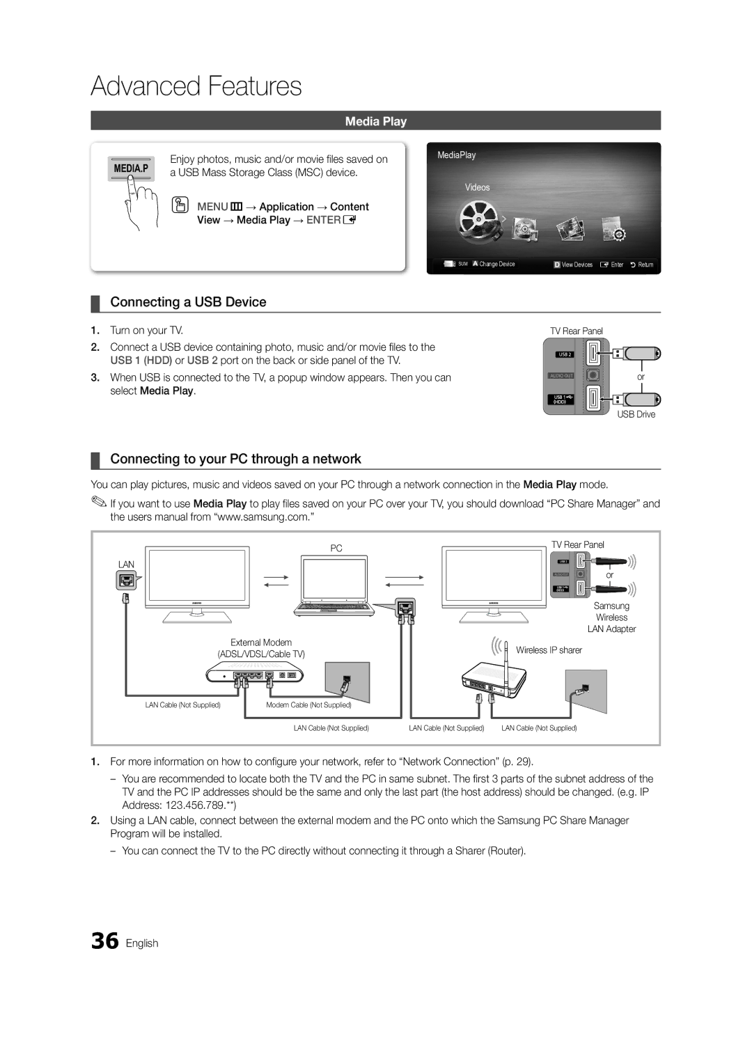 Samsung PN63C8000, BN68-02586A-04, PN58C8000, PN50C8000 Connecting a USB Device, Connecting to your PC through a network 