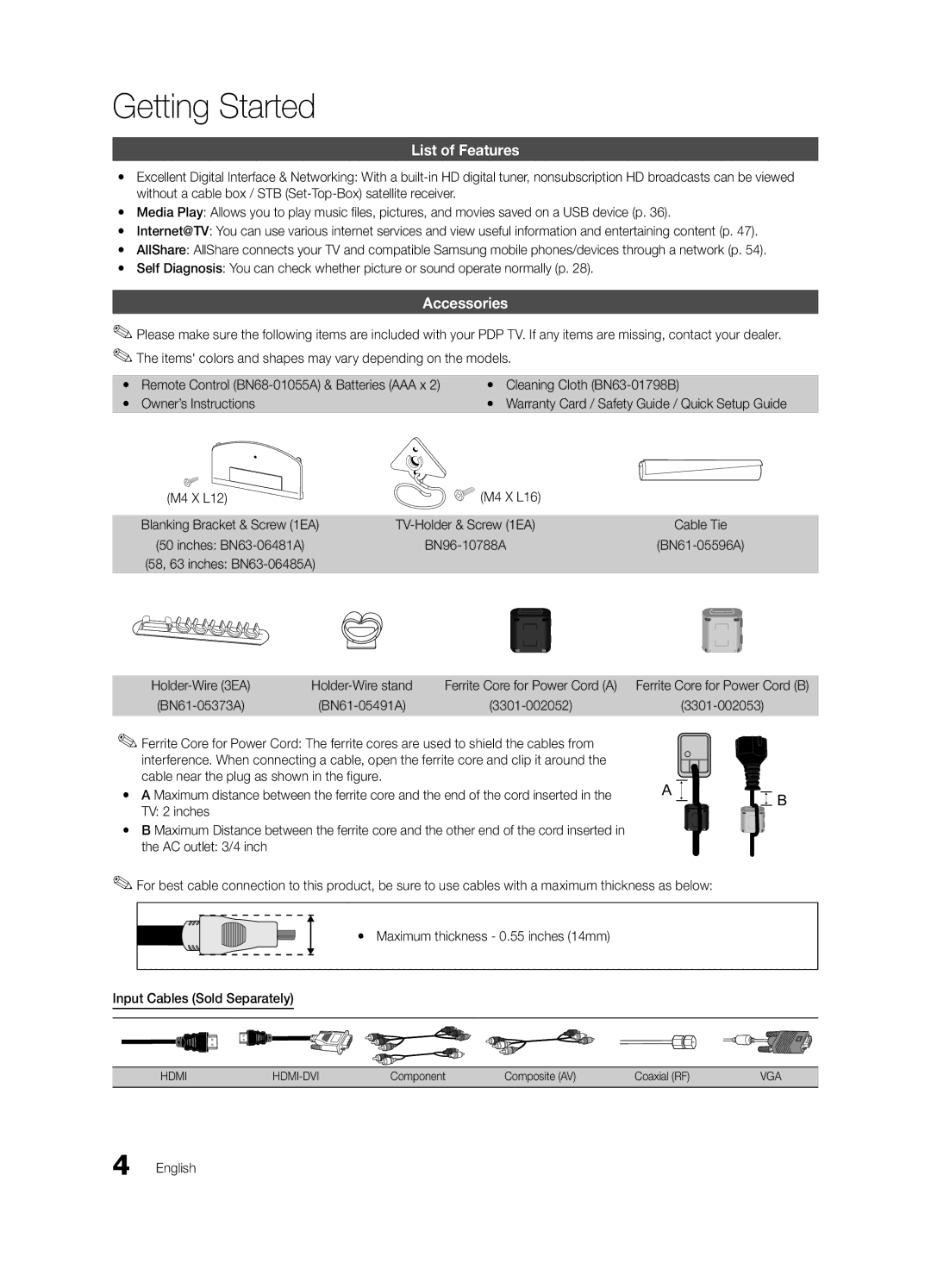 Samsung Series P8+, BN68-02586A-04 Getting Started, List of Features, Accessories, M4 X L12 M4 X L16, 3301-002052 