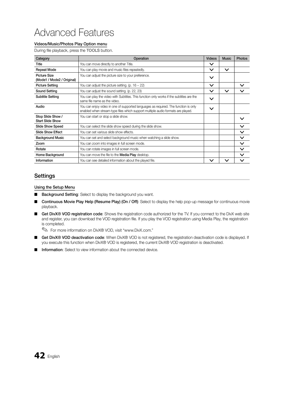 Samsung PN58C8000, BN68-02586A-04, PN63C8000 Settings, Videos/Music/Photos Play Option menu, Press the Tools button 