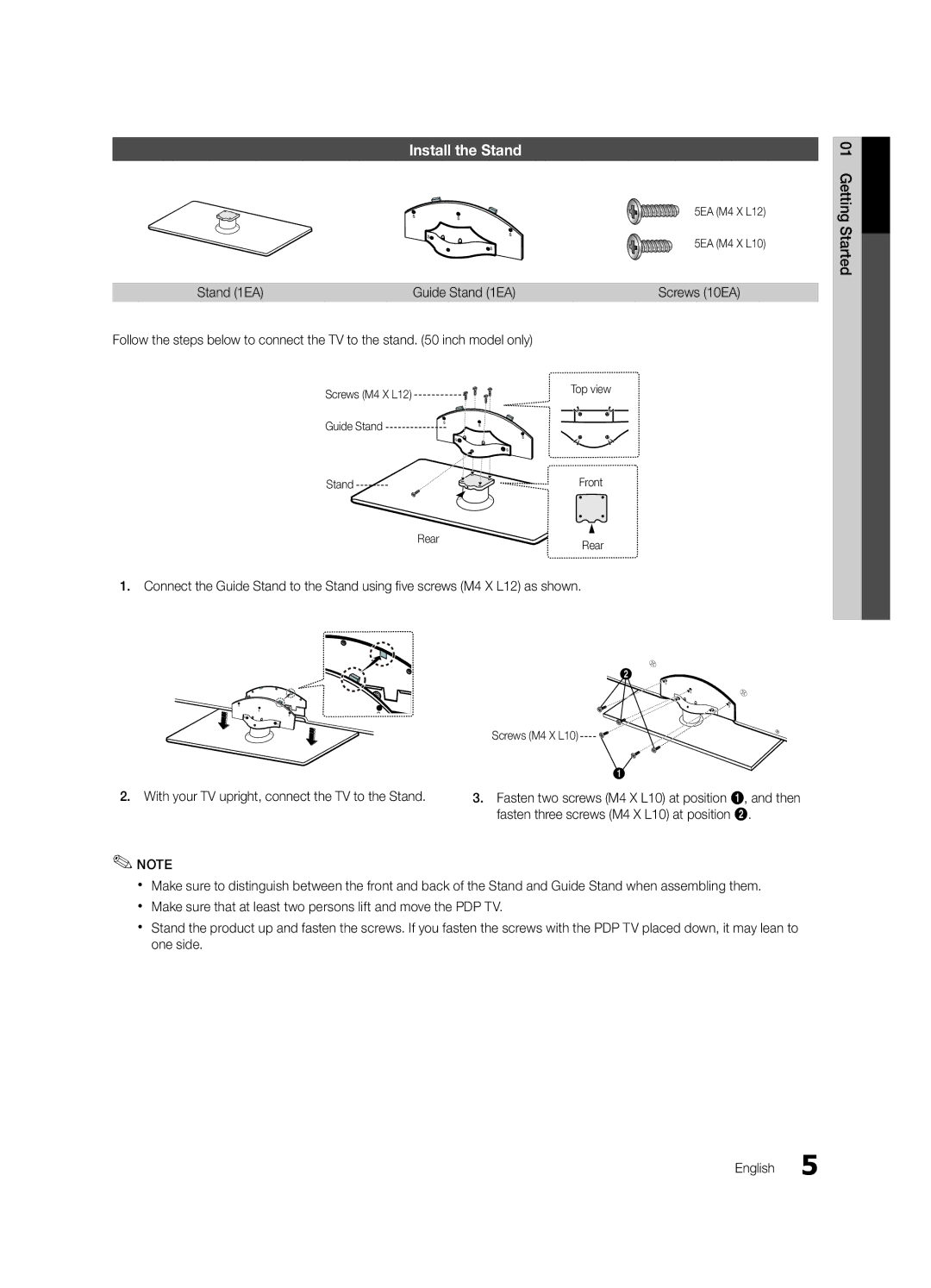 Samsung BN68-02586A-04, PN63C8000, PN58C8000, PN50C8000, Series P8+ user manual Install the Stand, Stand 1EA, Screws 10EA 