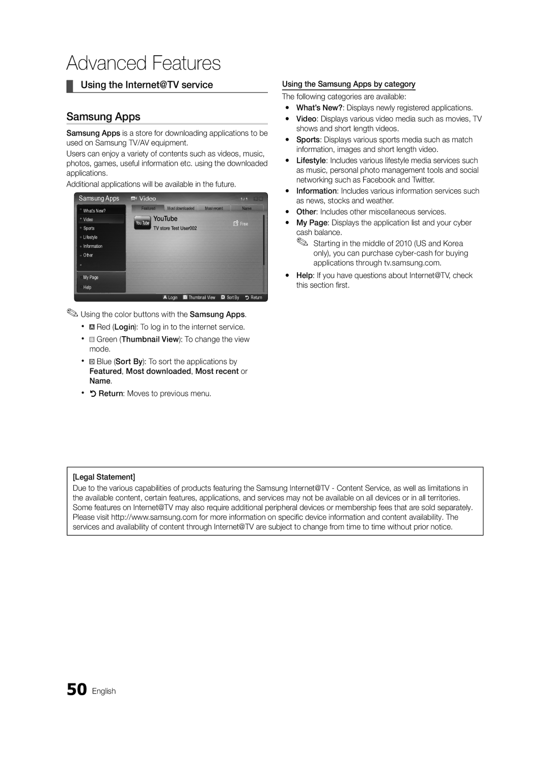 Samsung BN68-02586A-04, PN63C8000, PN58C8000, PN50C8000, Series P8+ user manual Samsung Apps, Using the Internet@TV service 