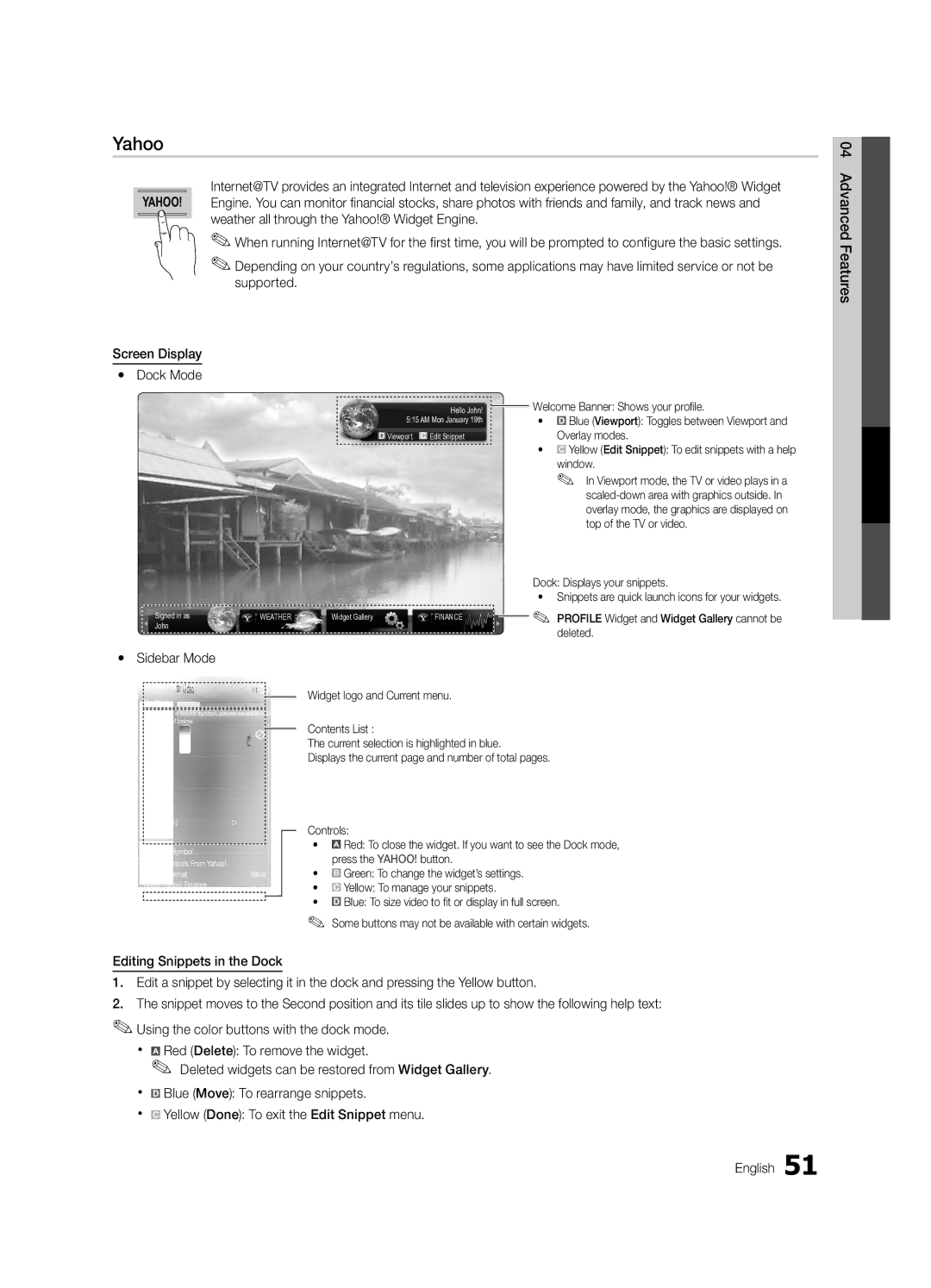 Samsung PN63C8000, BN68-02586A-04, PN58C8000, PN50C8000, Series P8+ user manual Yahoo, Sidebar Mode 