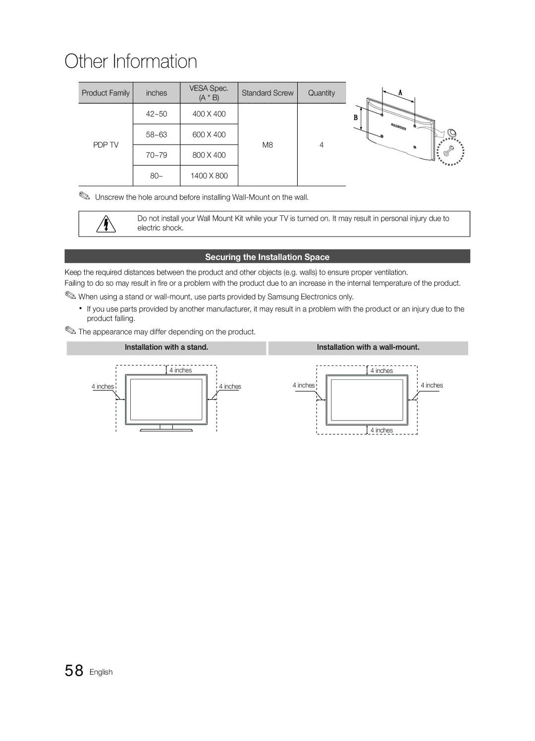 Samsung PN50C8000, BN68-02586A-04, PN63C8000, PN58C8000 Securing the Installation Space, Inches Vesa Spec, Quantity 