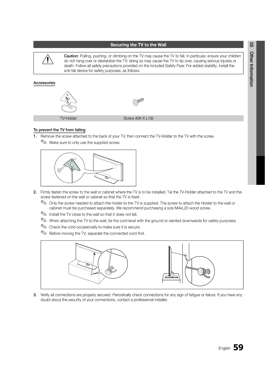 Samsung Series P8+, BN68-02586A-04, PN63C8000, PN58C8000 Securing the TV to the Wall, Accessories, TV-Holder, Screw M4 X L16 