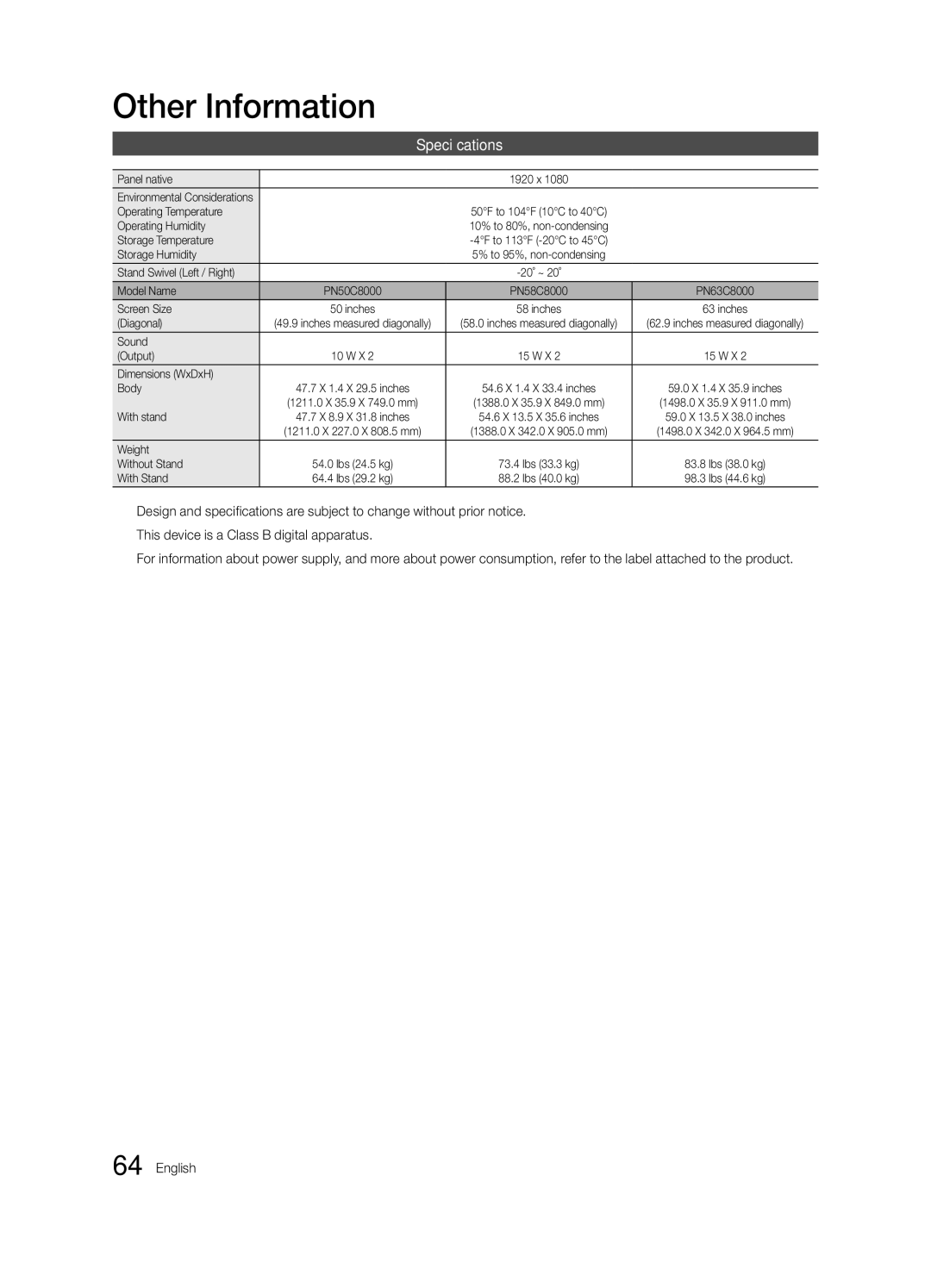 Samsung Series P8+, BN68-02586A-04, PN63C8000, PN58C8000, PN50C8000 user manual Specifications 