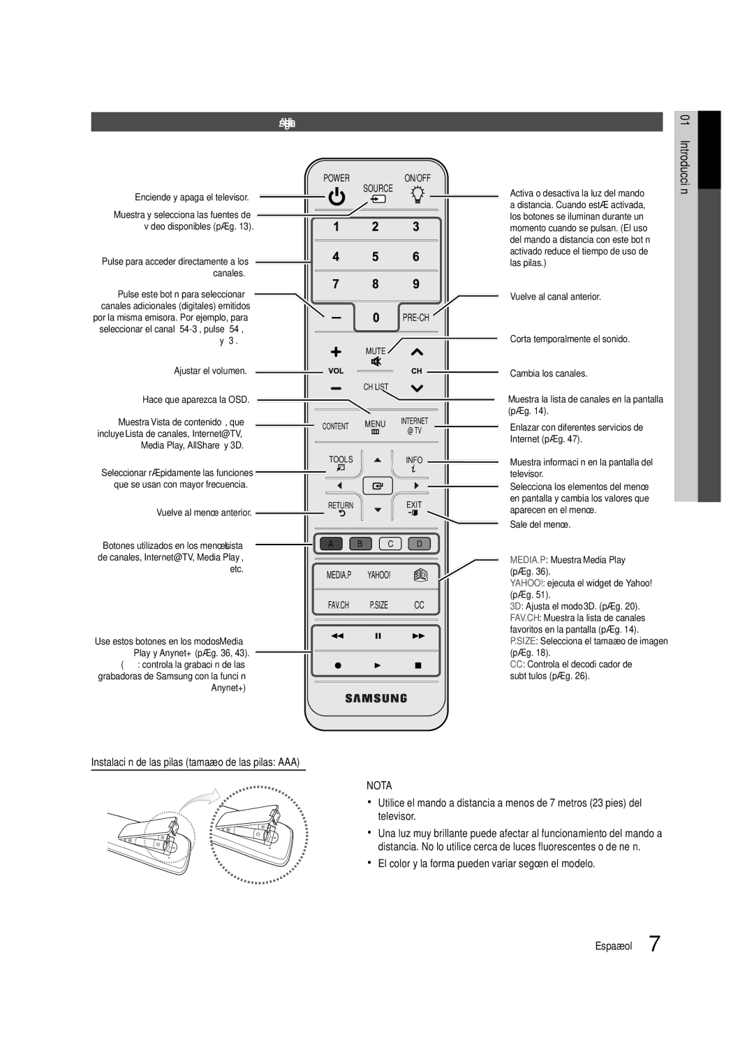 Samsung PN50C8000, BN68-02586A-04 Aspecto general del mando a distancia, Instalación de las pilas tamaño de las pilas AAA 