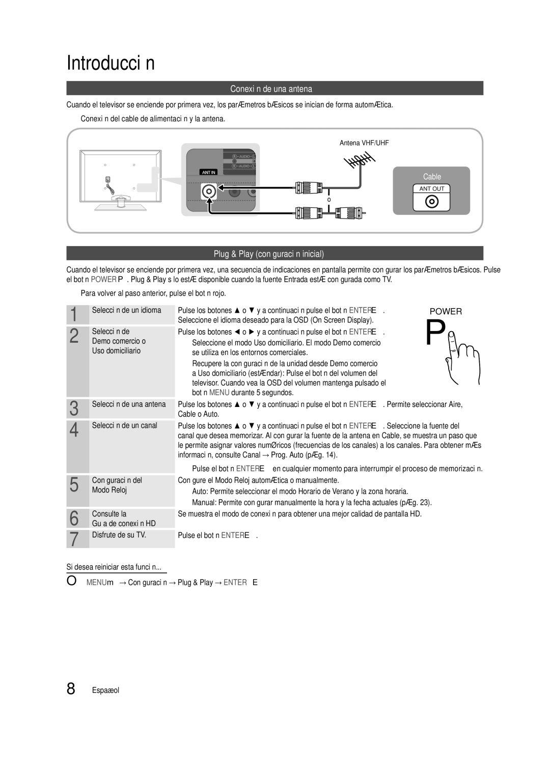 Samsung Series P8+, BN68-02586A-04, PN63C8000, PN58C8000, PN50C8000 Conexión de una antena, Plug & Play configuración inicial 