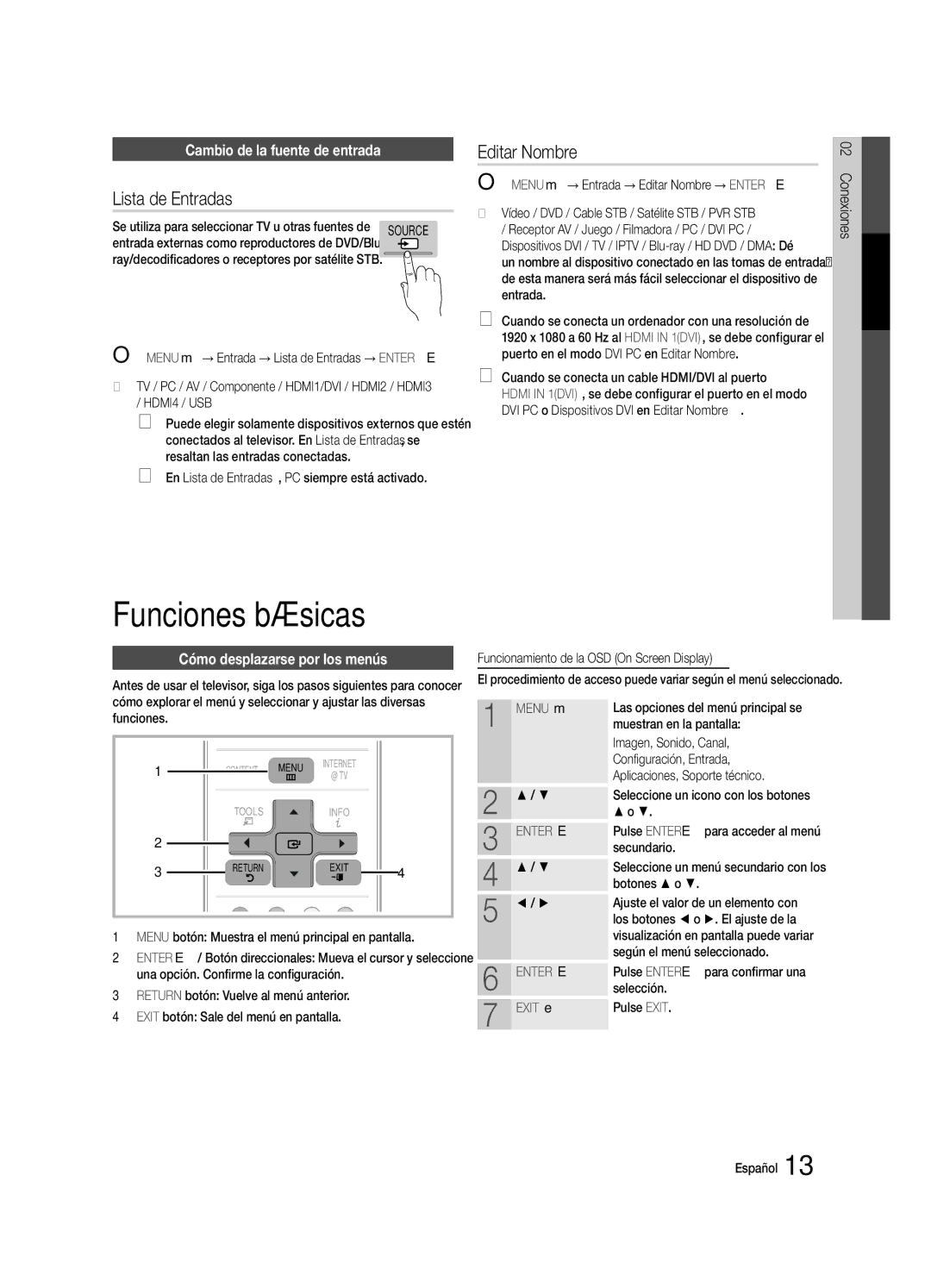 Samsung Series P8+, BN68-02586A-04 Funciones básicas, Lista de Entradas, Editar Nombre, Cambio de la fuente de entrada 