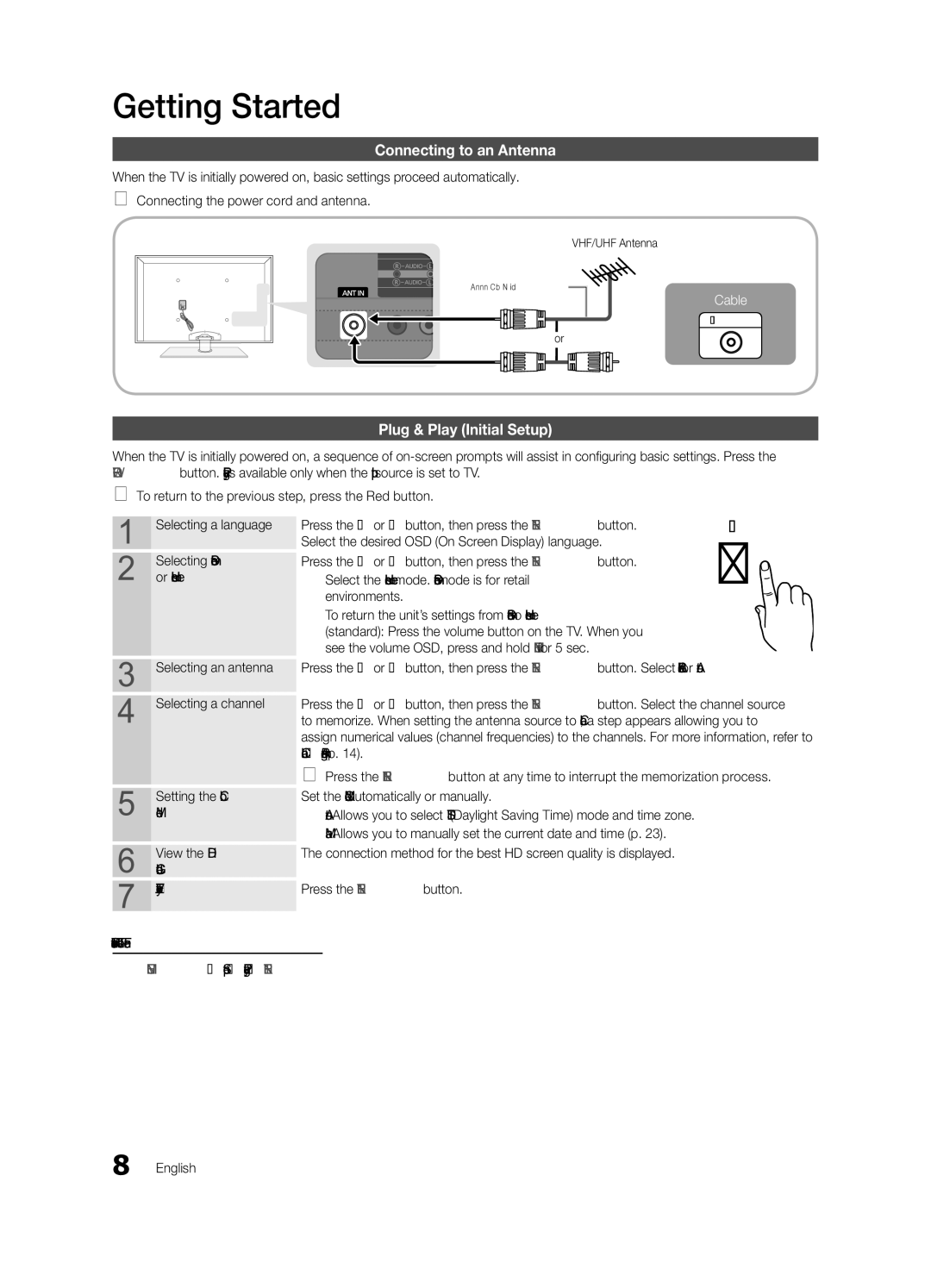 Samsung PN50C8000 Connecting to an Antenna, Plug & Play Initial Setup, Press the or button, then press the ENTEREbutton 