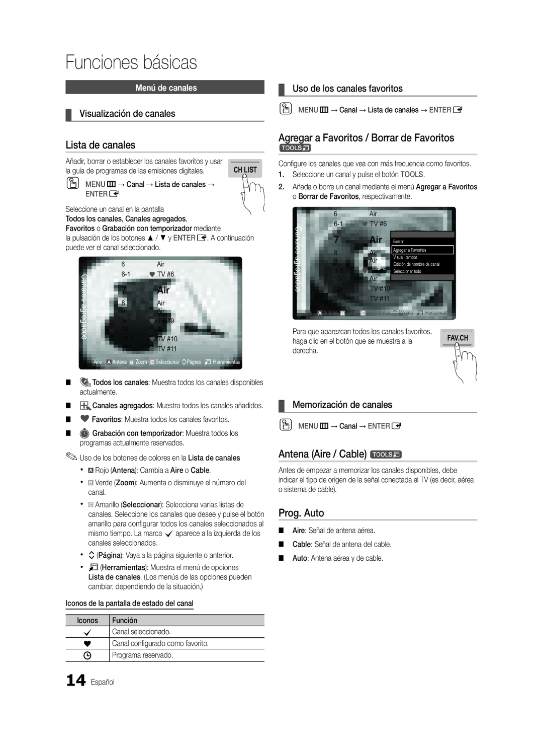 Samsung BN68-02586A-04 Lista de canales, Agregar a Favoritos / Borrar de Favoritos t, Antena Aire / Cable t, Prog. Auto 