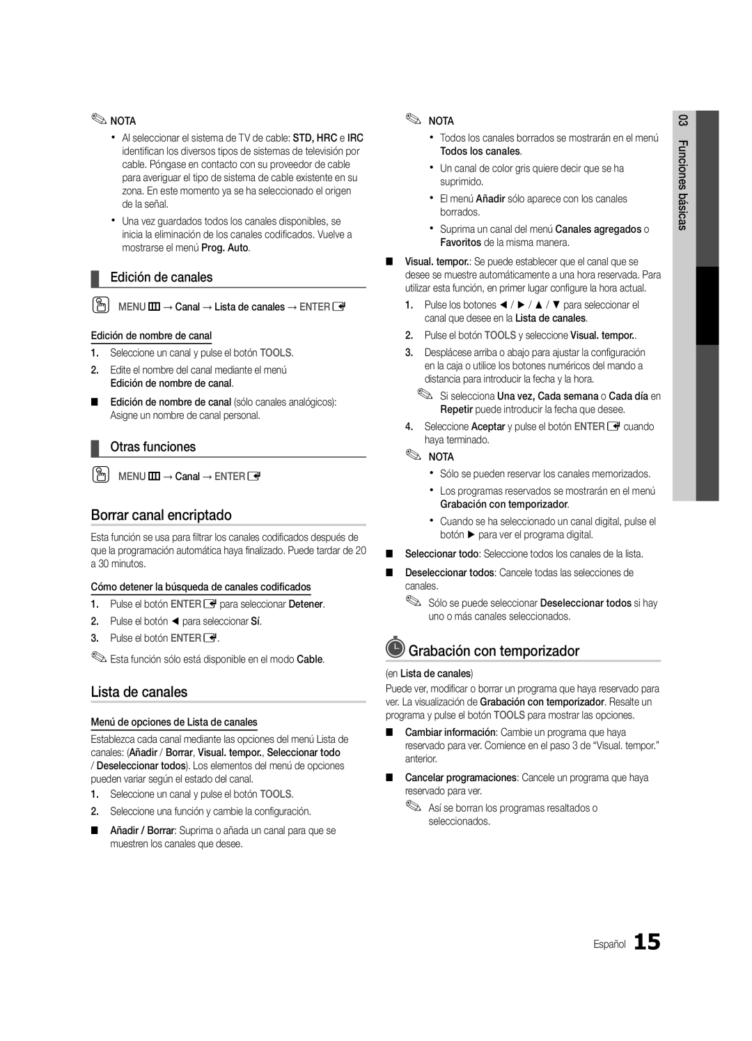 Samsung PN63C8000, BN68-02586A-04 Borrar canal encriptado, Grabación con temporizador, Edición de canales, Otras funciones 