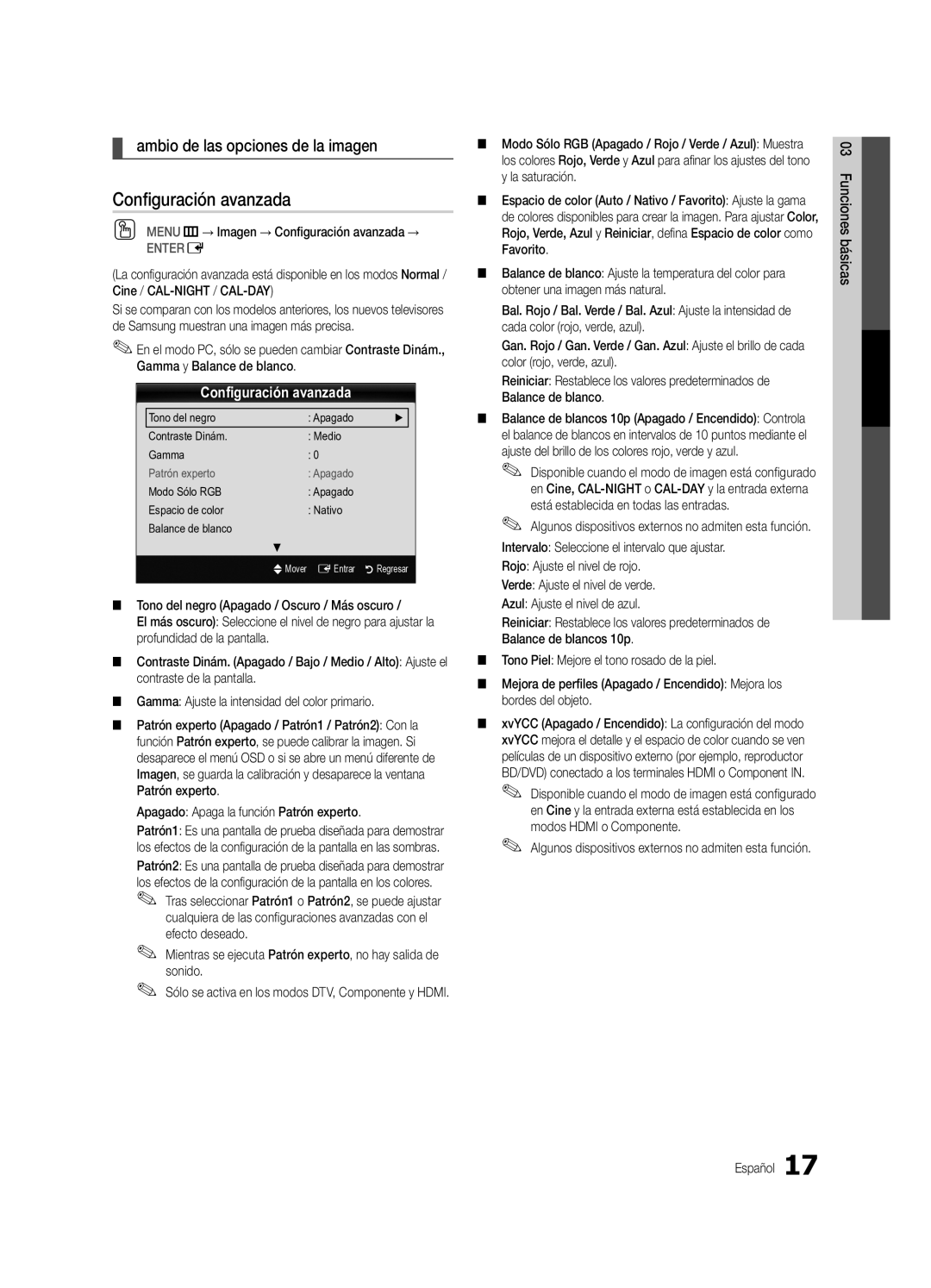 Samsung PN50C8000, BN68-02586A-04, PN63C8000, PN58C8000 user manual Configuración avanzada, Ambio de las opciones de la imagen 