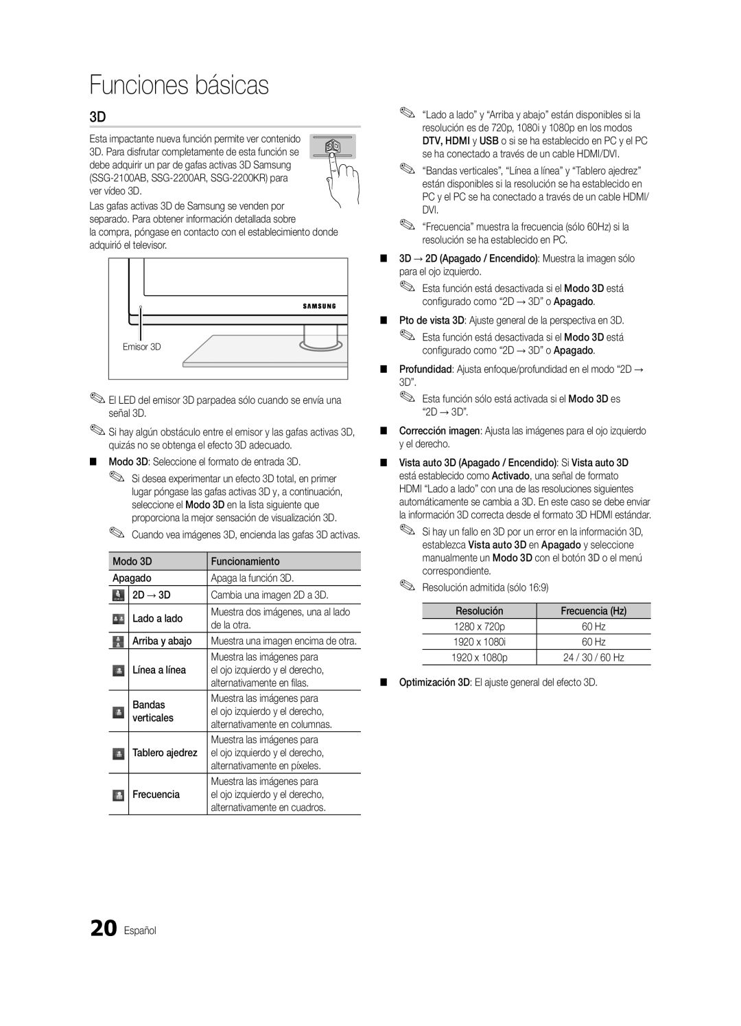 Samsung PN63C8000 Esta impactante nueva función permite ver contenido, Modo 3D Seleccione el formato de entrada 3D 