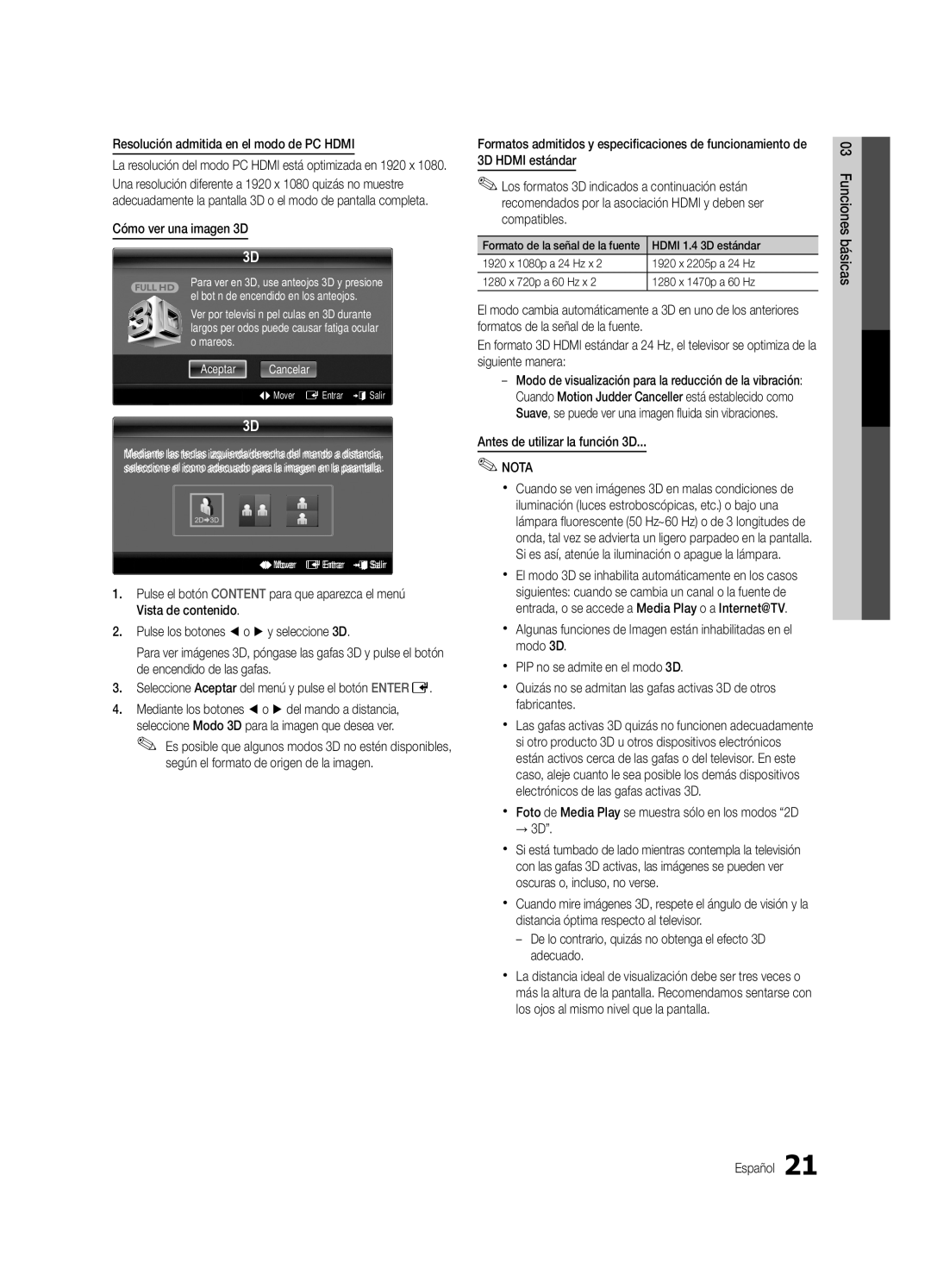 Samsung PN58C8000 Resolución admitida en el modo de PC Hdmi, Cómo ver una imagen 3D, Antes de utilizar la función 3D, → 3D 