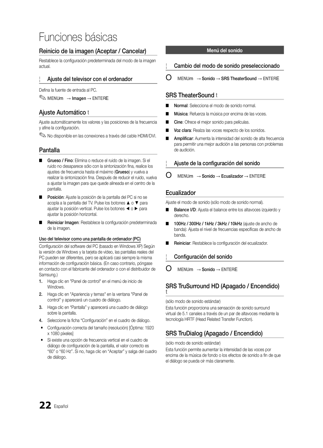 Samsung PN50C8000, BN68-02586A-04 Reinicio de la imagen Aceptar / Cancelar, Ajuste Automático t, Pantalla, Ecualizador 