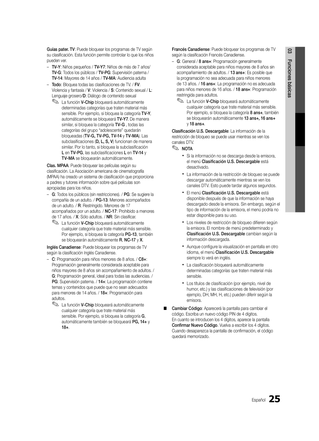 Samsung PN63C8000 Según la clasificación Francés Canadiense, Pueden ver, Canales DTV, TV-MA se bloquearán automáticamente 