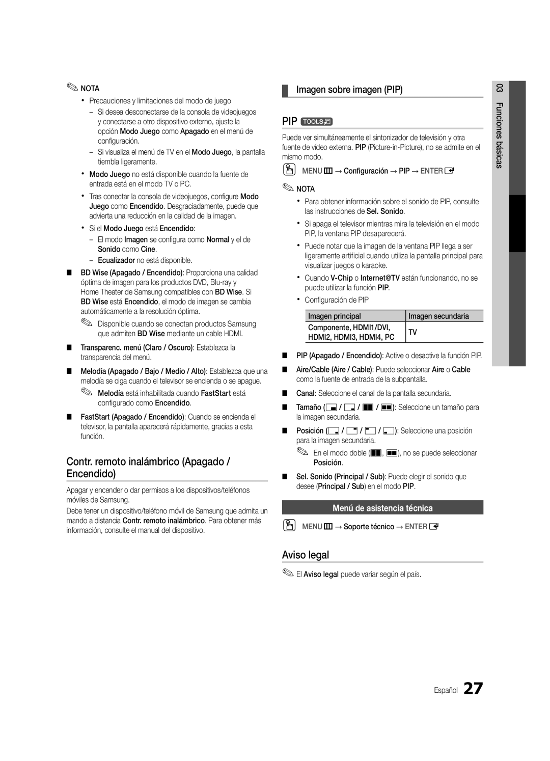 Samsung PN50C8000, BN68-02586A-04 Contr. remoto inalámbrico Apagado / Encendido, Aviso legal, Imagen sobre imagen PIP 