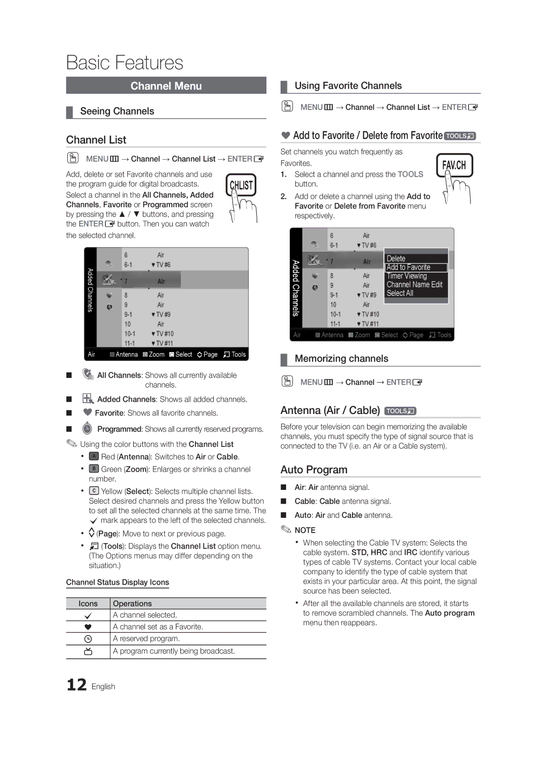 Samsung BN68-02604A-05 Channel List, Add to Favorite / Delete from Favoritet, Antenna Air / Cable t, Auto Program 