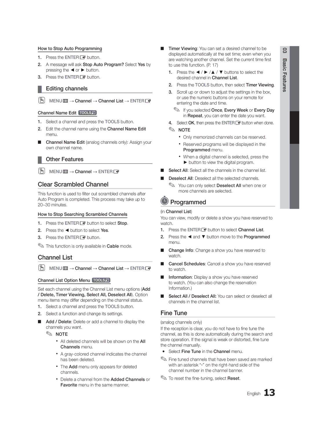 Samsung LC550-ZA, BN68-02604A-05 Clear Scrambled Channel, Programmed, Fine Tune, Editing channels, Other Features 