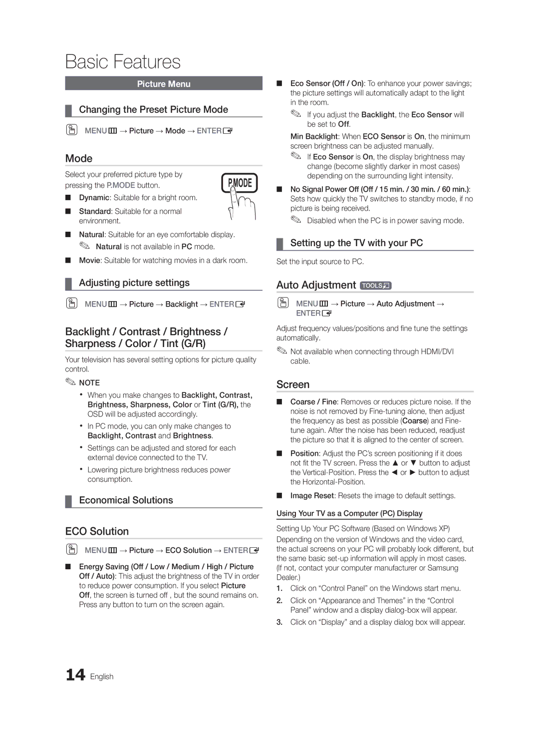 Samsung BN68-02604A-05, LC550-ZA user manual Mode, ECO Solution, Auto Adjustment t, Screen 