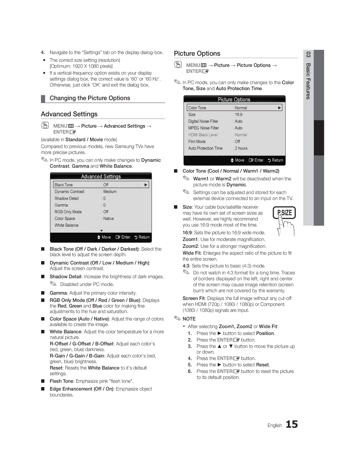 Samsung LC550-ZA, BN68-02604A-05 user manual Advanced Settings, Changing the Picture Options 