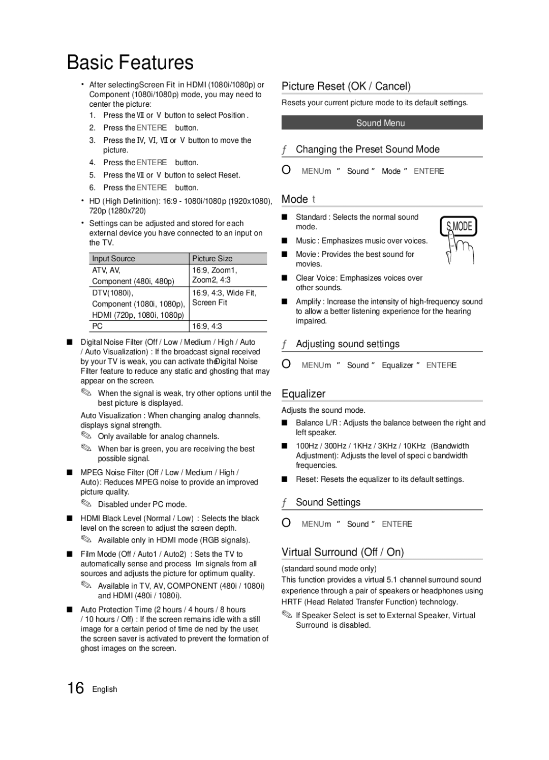 Samsung BN68-02604A-05, LC550-ZA user manual Picture Reset OK / Cancel, Mode t, Equalizer, Virtual Surround Off / On 