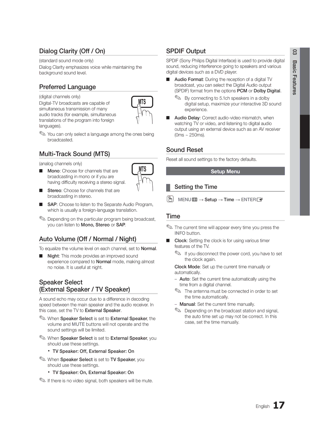 Samsung LC550-ZA Dialog Clarity Off / On, Preferred Language, Multi-Track Sound MTS, Auto Volume Off / Normal / Night 