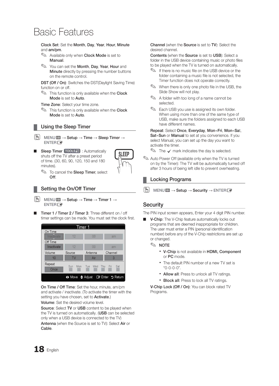 Samsung BN68-02604A-05, LC550-ZA user manual Security, Using the Sleep Timer, Setting the On/Off Timer, Locking Programs 