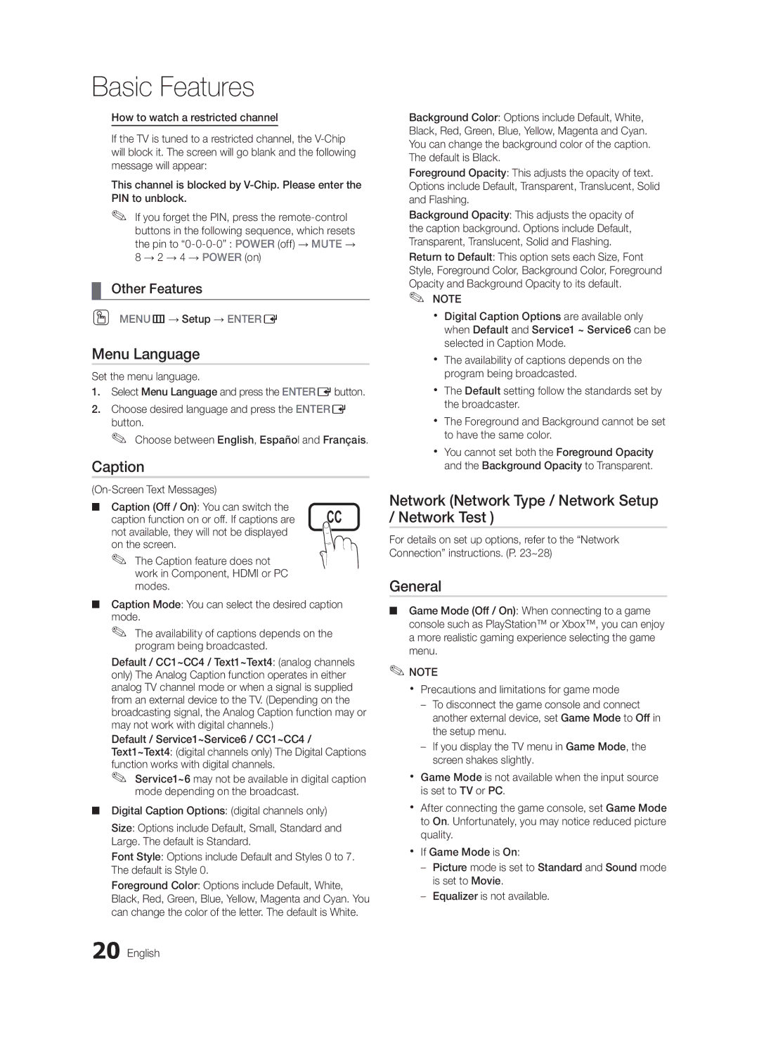 Samsung BN68-02604A-05, LC550-ZA Menu Language, Caption, Network Network Type / Network Setup / Network Test, General 