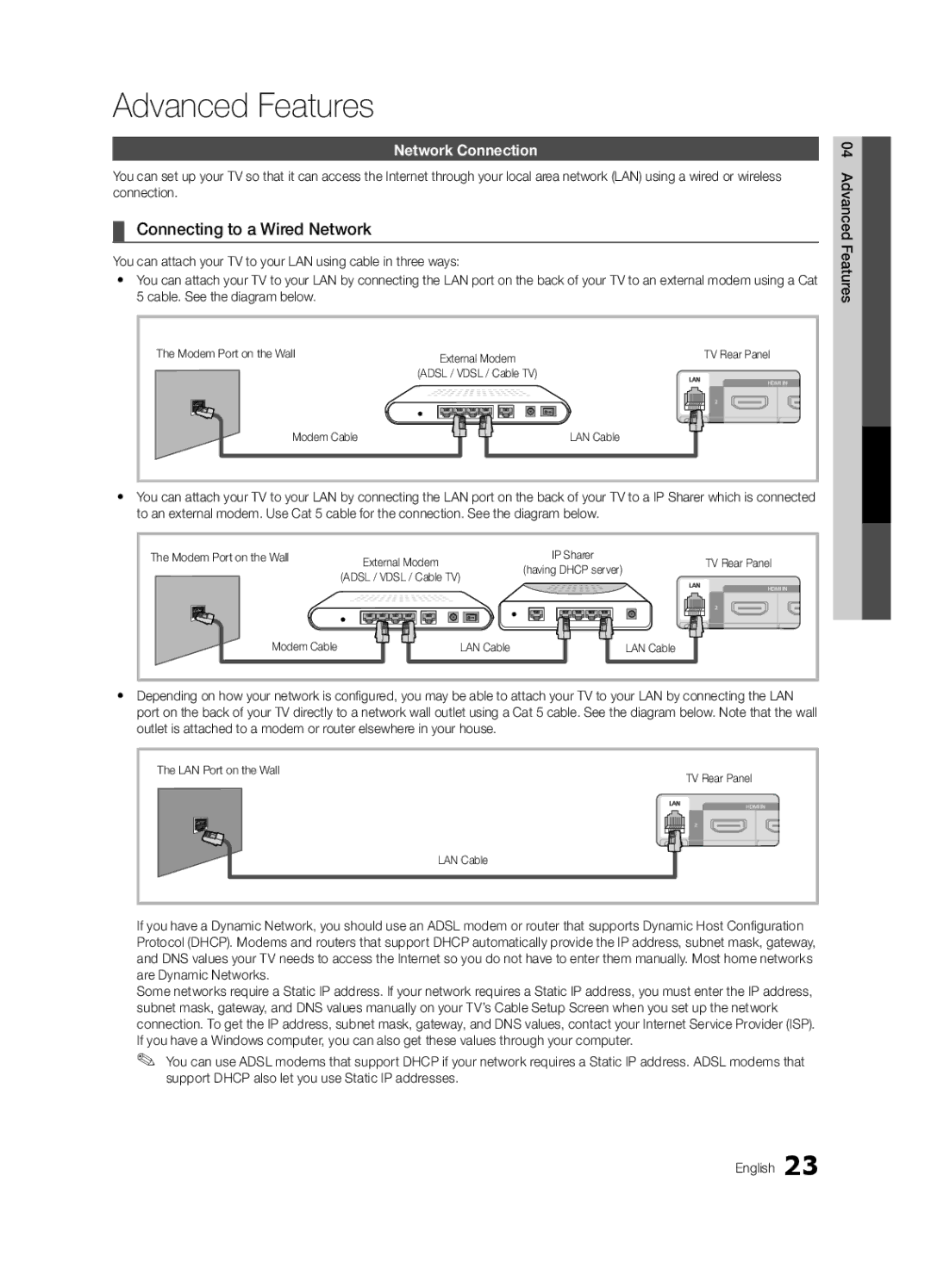 Samsung LC550-ZA Connecting to a Wired Network, Network Connection, Modem Port on the Wall, Modem Cable LAN Cable 