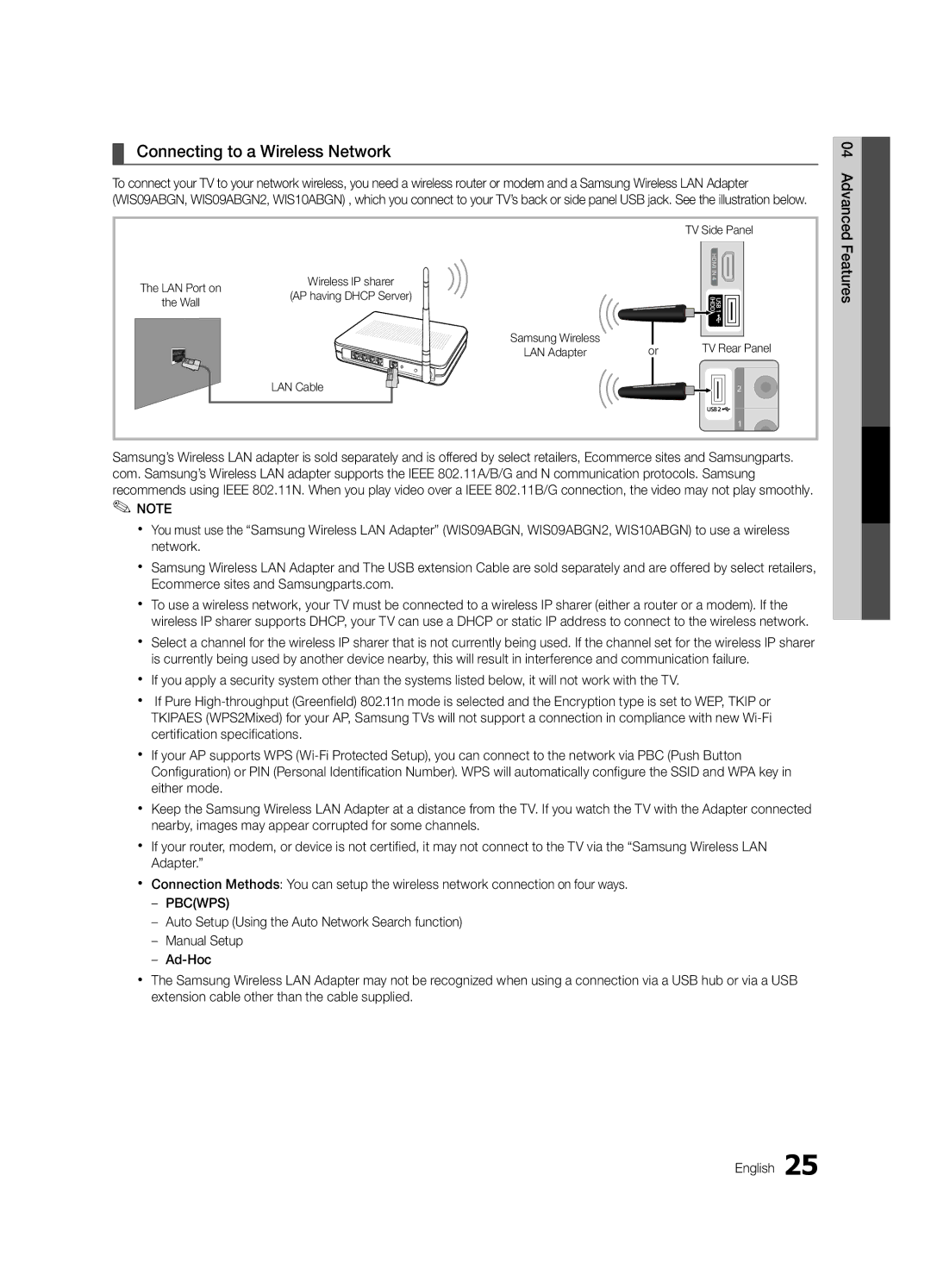 Samsung LC550-ZA, BN68-02604A-05 Connecting to a Wireless Network, Advanced, Features, TV Side Panel, TV Rear Panel 