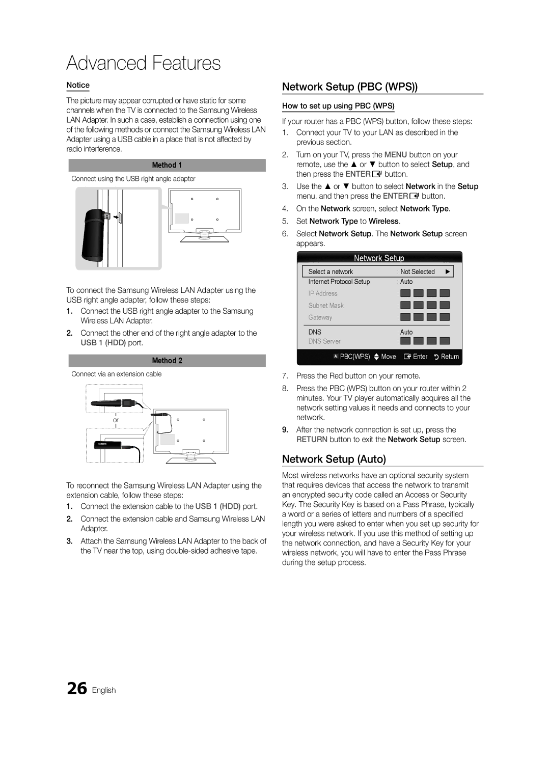 Samsung BN68-02604A-05 Network Setup PBC WPS, Connect using the USB right angle adapter, Connect via an extension cable 