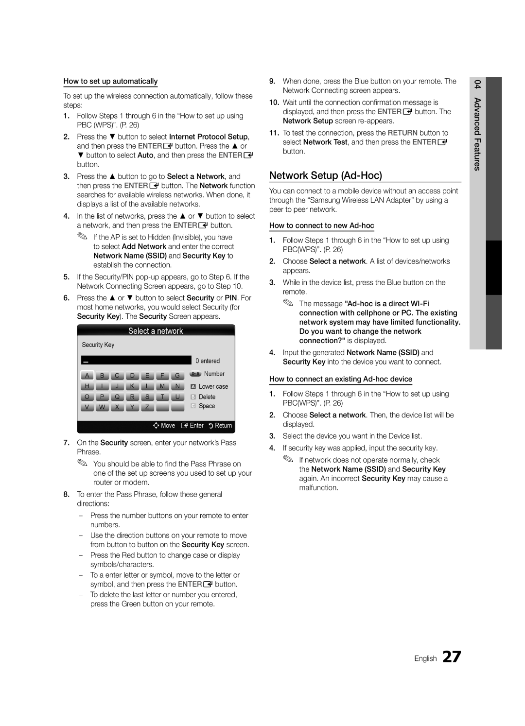 Samsung LC550-ZA, BN68-02604A-05 user manual Network Setup Ad-Hoc, Security Key Entered ~9 Number, Delete, Space 