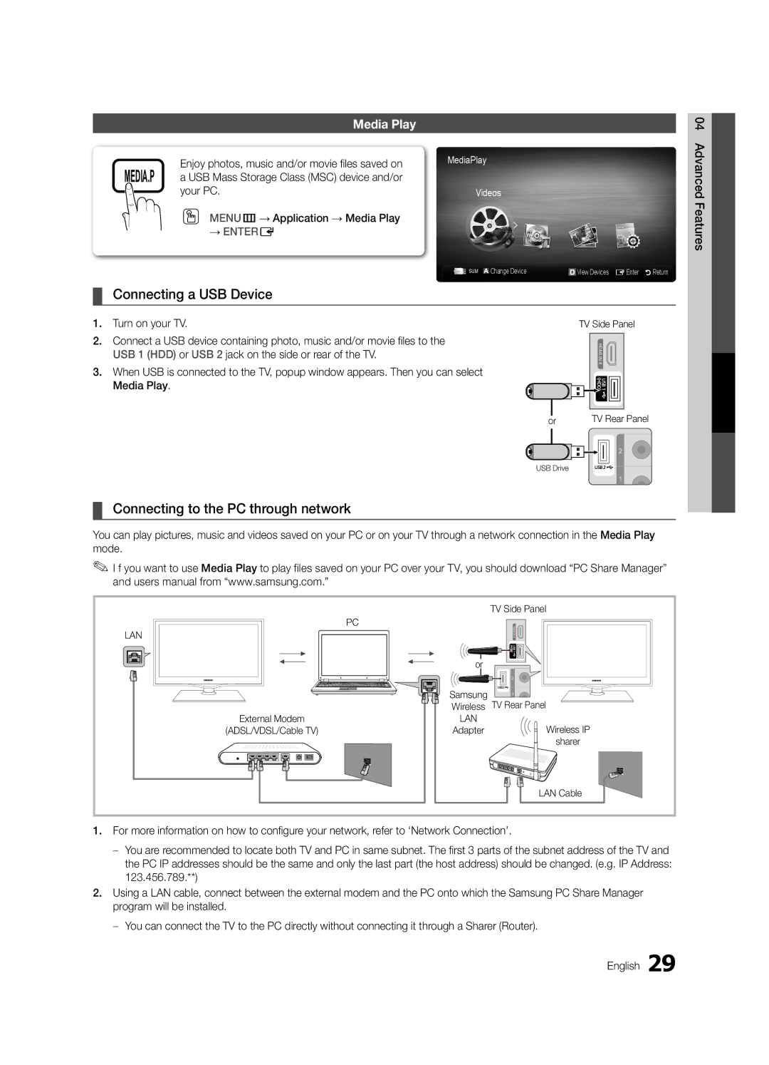 Samsung LC550-ZA user manual Connecting a USB Device, Connecting to the PC through network, Media Play, Turn on your TV 