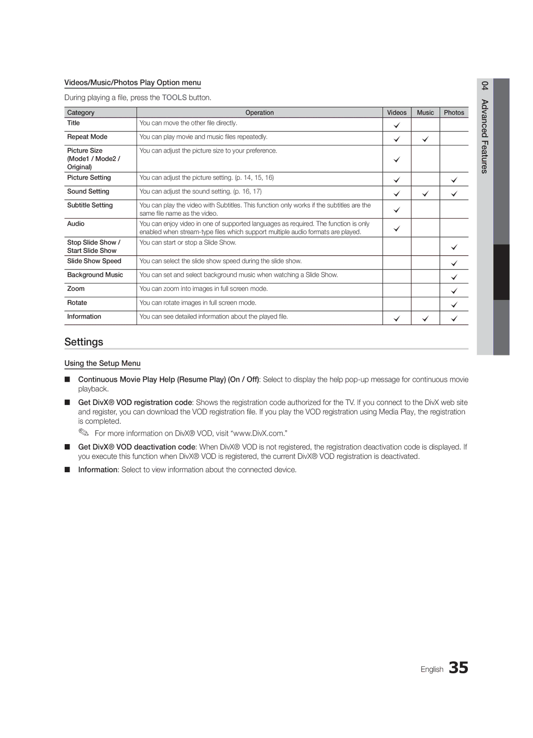 Samsung LC550-ZA, BN68-02604A-05 user manual Settings, Same file name as the video Audio 