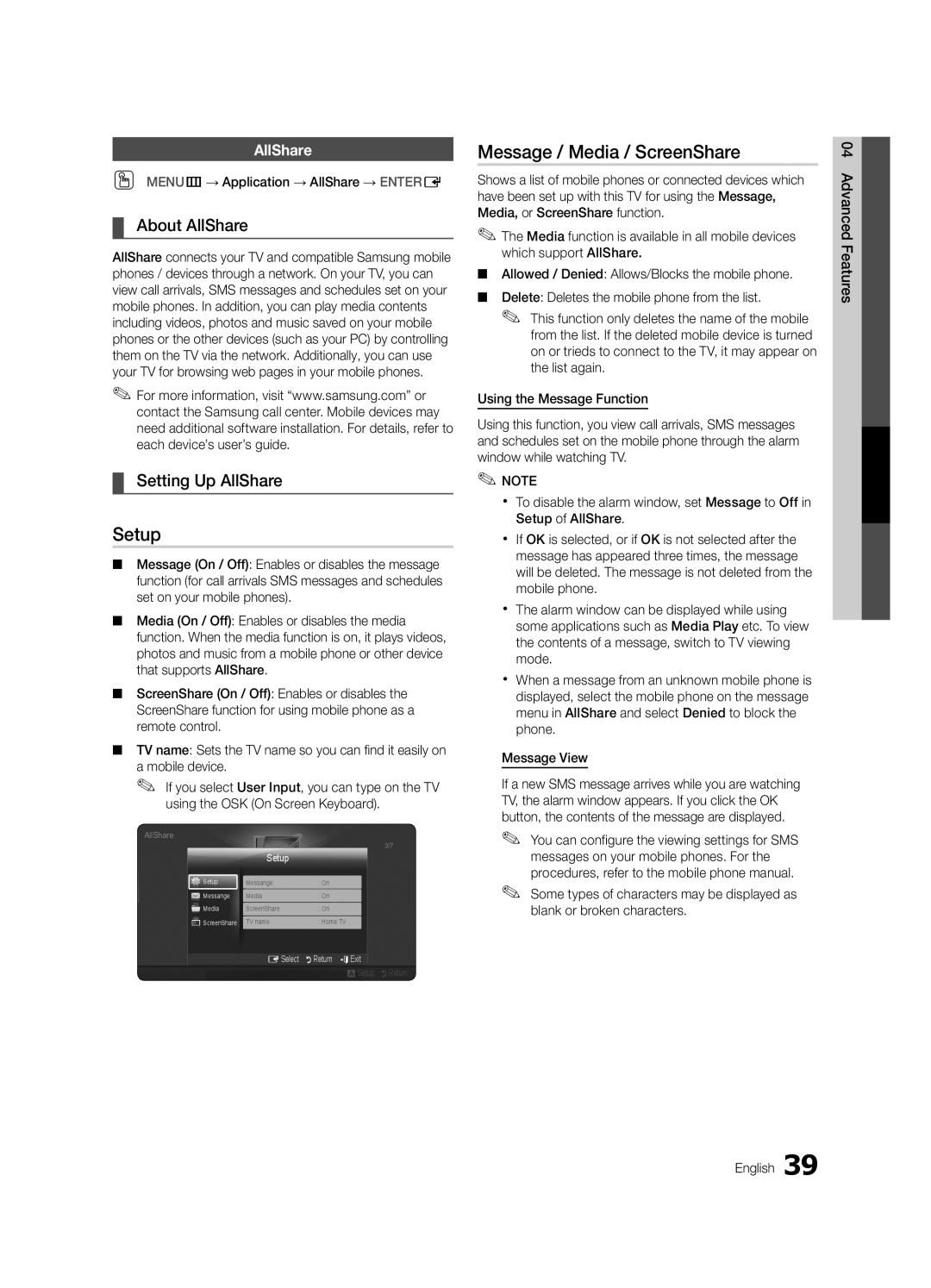 Samsung LC550-ZA, BN68-02604A-05 user manual Setup, Message / Media / ScreenShare, About AllShare, Setting Up AllShare 