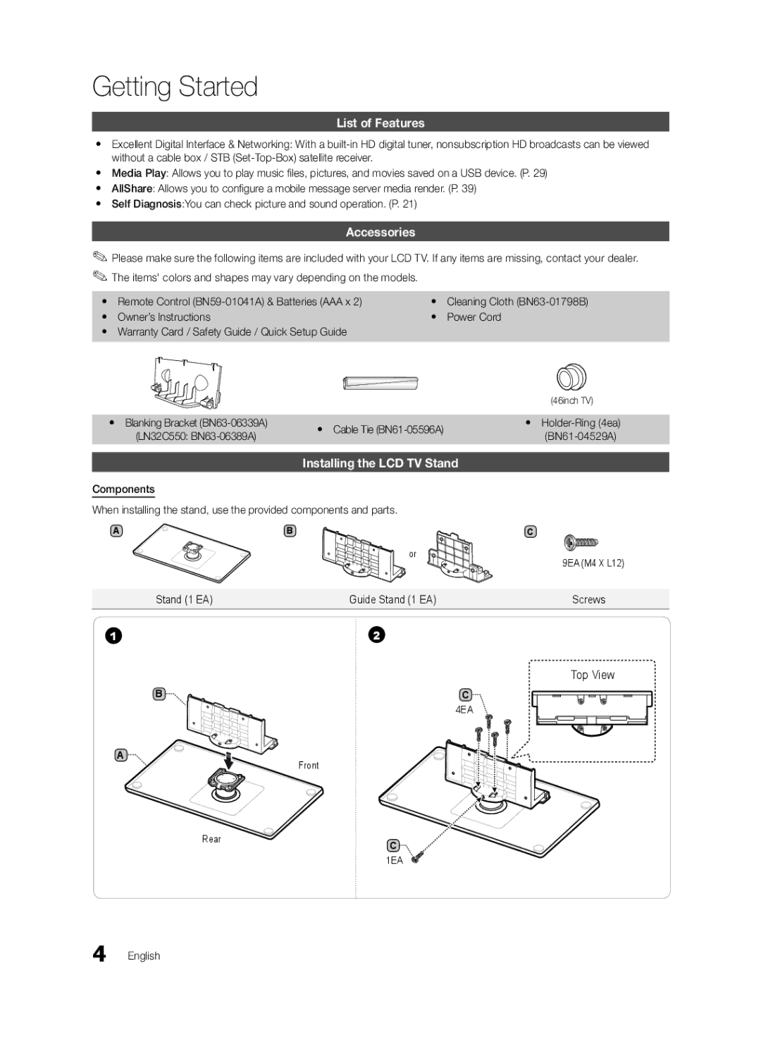 Samsung BN68-02604A-05, LC550-ZA user manual List of Features, Accessories, Installing the LCD TV Stand 