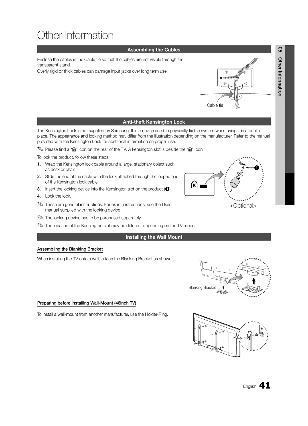 Samsung LC550-ZA user manual Assembling the Cables, Anti-theft Kensington Lock, Installing the Wall Mount, Blanking Bracket 